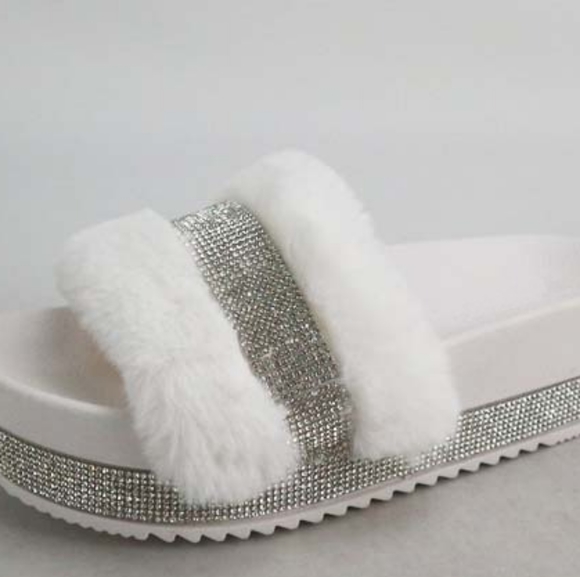 FFS Shoes - White Fur Rhinestone Slides
